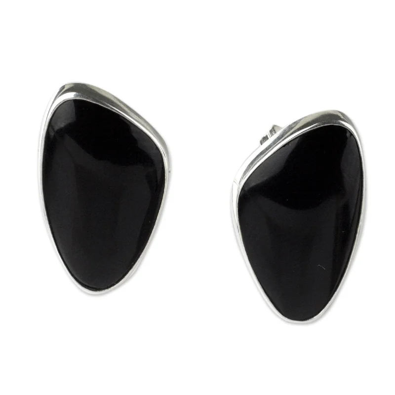 chunky silver earrings-Silver 'Acapulco Night' Obsidian Earrings (Mexico) - 0.7" L x 0.4" W x 0.2" D