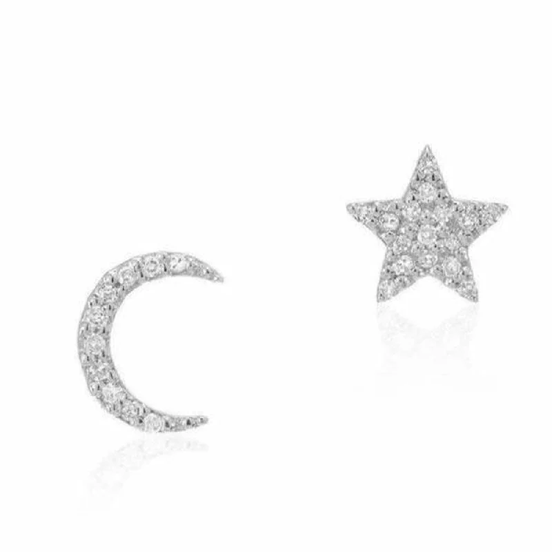 adaptable gemstone earrings-Star and Moon White Gold Post Studs