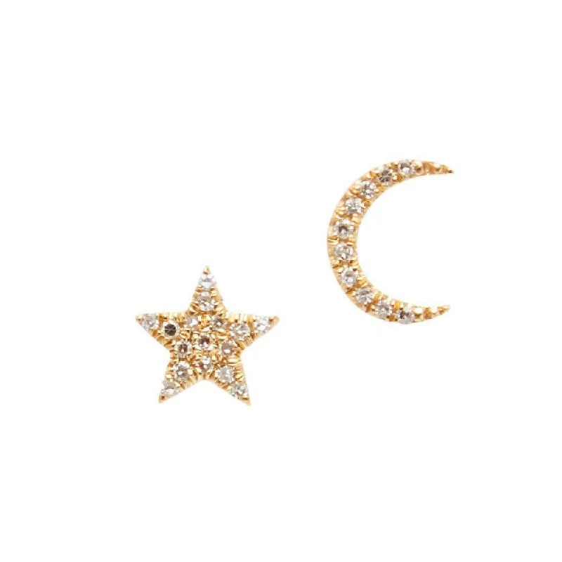 retro ruby stud earrings-Star and Moon Yellow Gold Diamond Stud Earrings