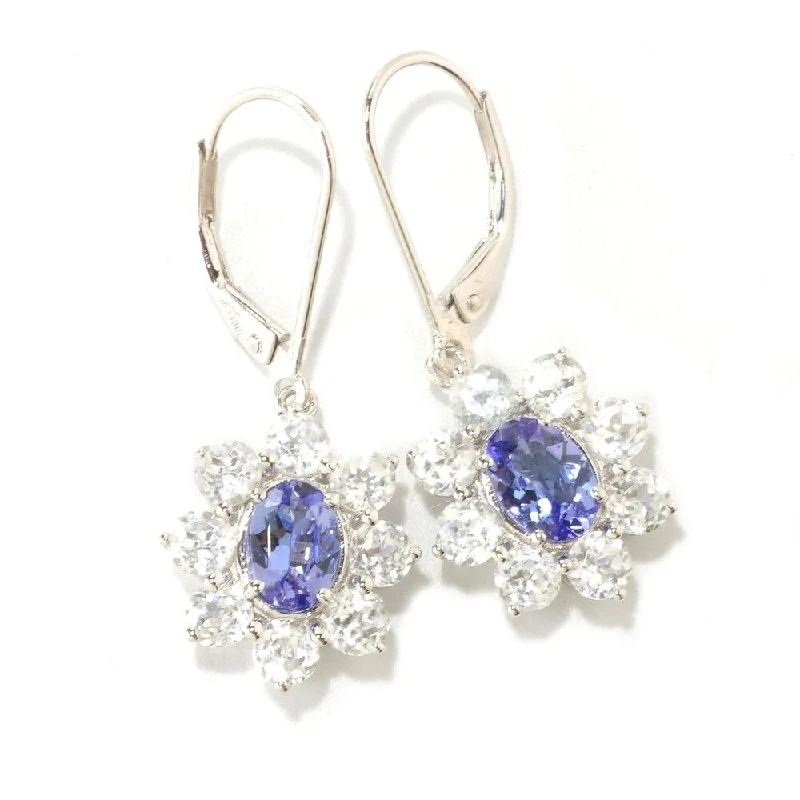 retro ruby stud earrings-Ster Silver Tanzanite & White Natural Zircon Dangle Flower Earrings - Blue