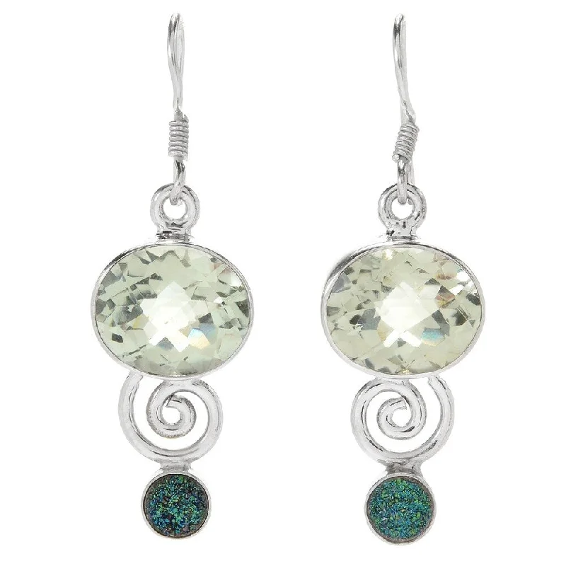 crescent wave drop earrings-Sterling Silver 1.5" 12 x 10mm Prasiolite & Drusy Drop Earrings