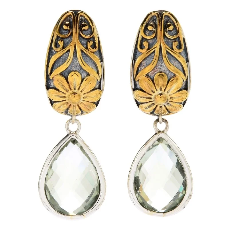 tech angular earrings-Sterling Silver 1.5" 8.30ctw Green Amethyst Drop Flower Earrings