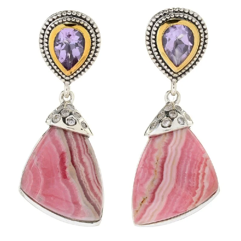 fluid chandelier earrings-Sterling Silver 1.5" Rhodochrosite & Pink Amethyst Drop Earrings