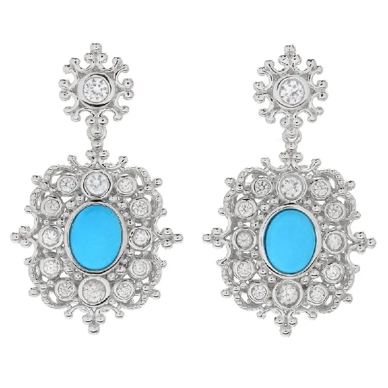 floral-inspired stud earrings-Sterling Silver 1.5" White Zircon & Sleeping Beauty Turquoise Drop Earrings