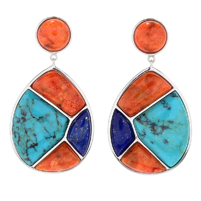 refined lattice earrings-Sterling Silver 1.75" Bamboo Coral & Multi Gemstone Drop Earrings