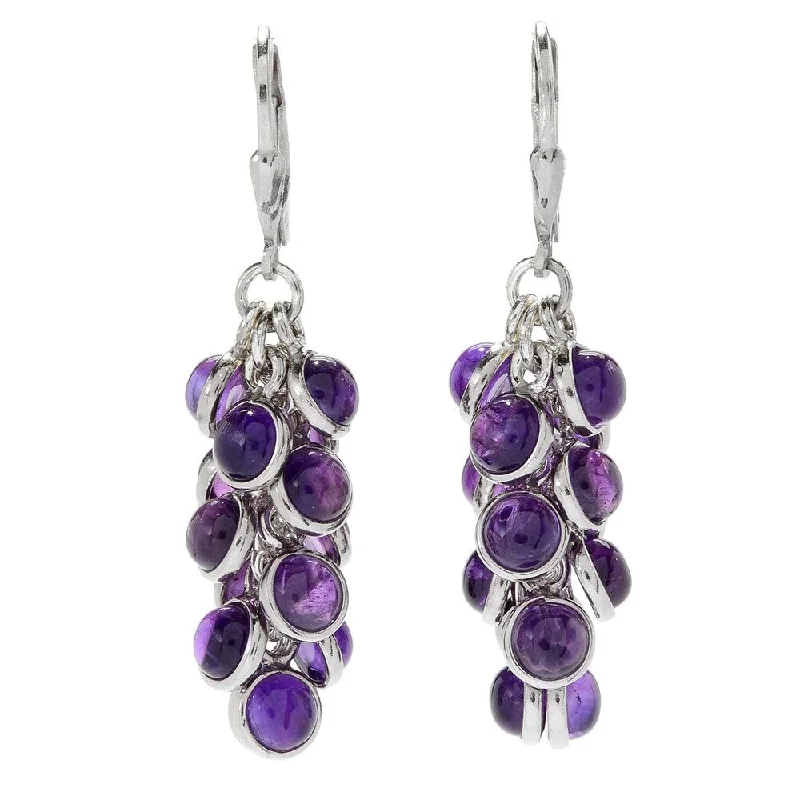 floral-inspired stud earrings-Sterling Silver 1.75" Round Amethyst Cluster Drop Earrings