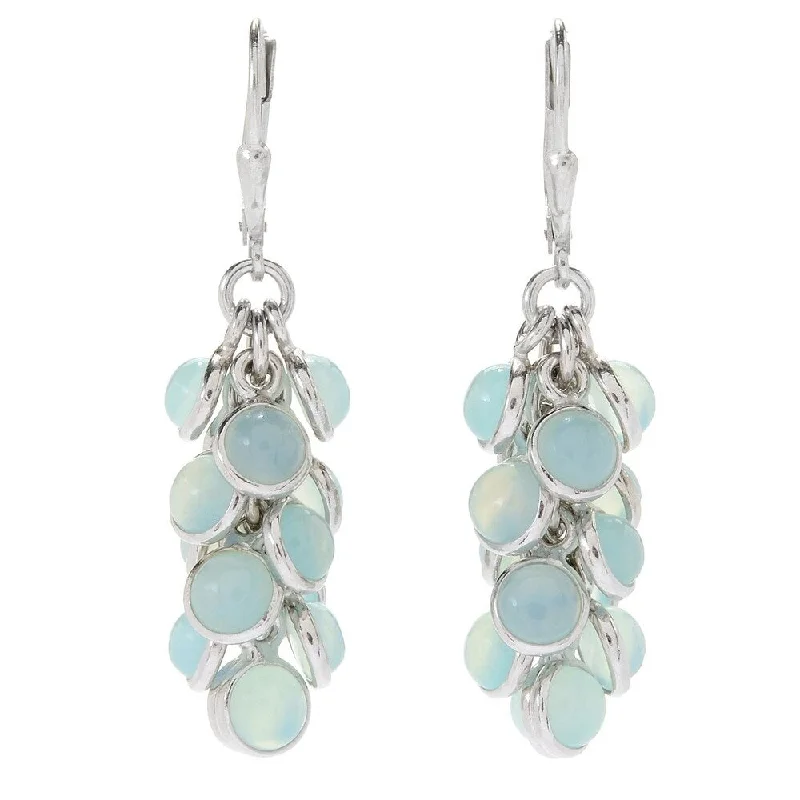 retro-style drop earrings-Sterling Silver 1.75" Round Aqua Chaledony Cluster Drop Earrings