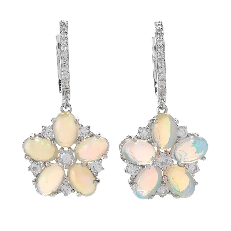 floral-inspired earrings-Sterling Silver 1" Ethiopian Opal & White Zircon Flower Earrings