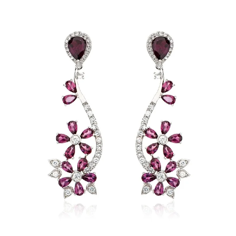 rose gold seven-hoop earrings-Sterling Silver 2" 10.37ctw Rhodolite Garnet & Gemstone Flower Earrings