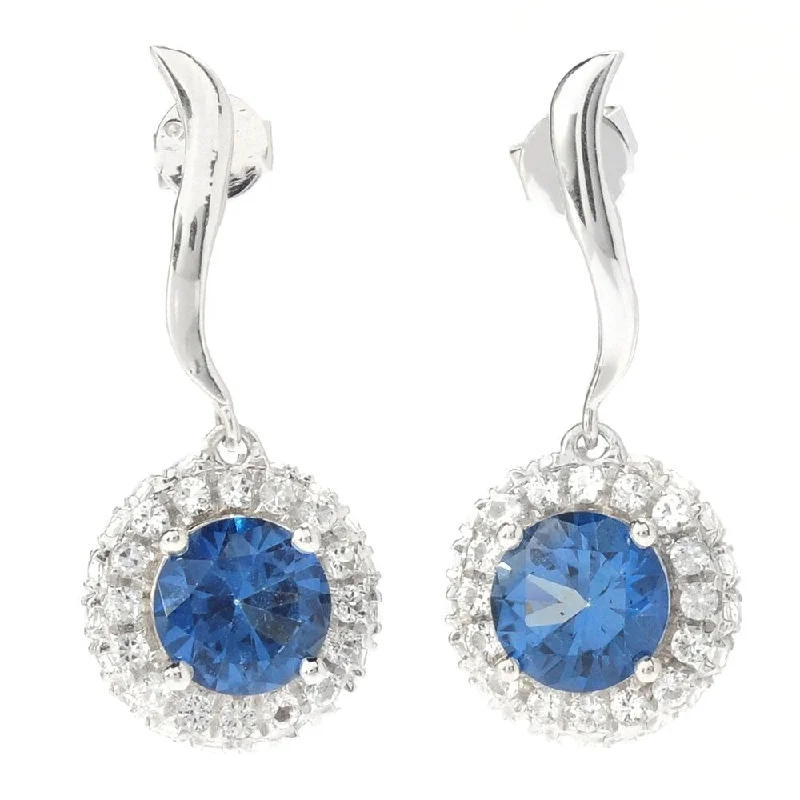 slender drop earrings-Sterling Silver 4.18ctw Blue Topaz Halo Drop & Dangle Earrings, 1'L