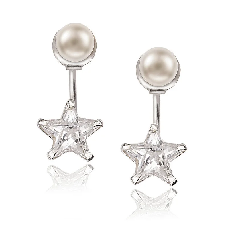 interlocked gold earrings-Sterling Silver 5mm Pearl Front with 9mm Star Shaped CZ Back Earrings