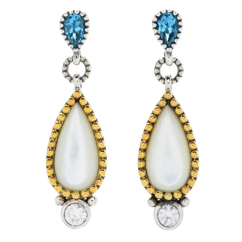 tech gemstone earrings-Sterling Silver 925 Swiss Blue Topaz,White Natural Zircon,White Mother of Pearl Earrings