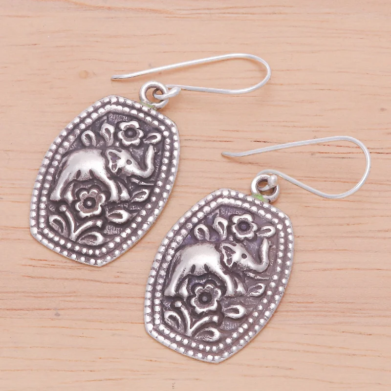 sprig drop earrings-Sterling Silver 'Elephant Roses' Flower Earrings