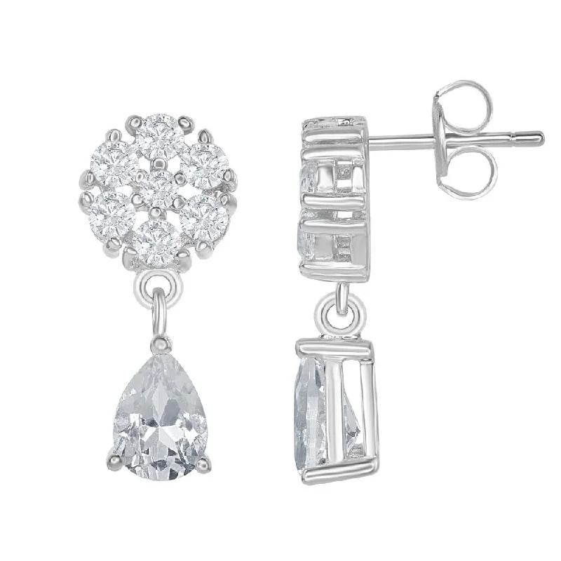 extravagant cocktail earrings-Sterling Silver  Flower and 2.75 cttw White Topaz Teardrop Bridal Earrings