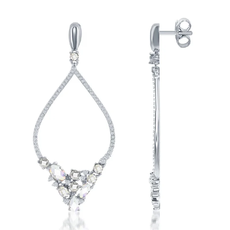 tech matte earrings-Sterling Silver Large Open Marquise with Multi Shaped CZ Earrings