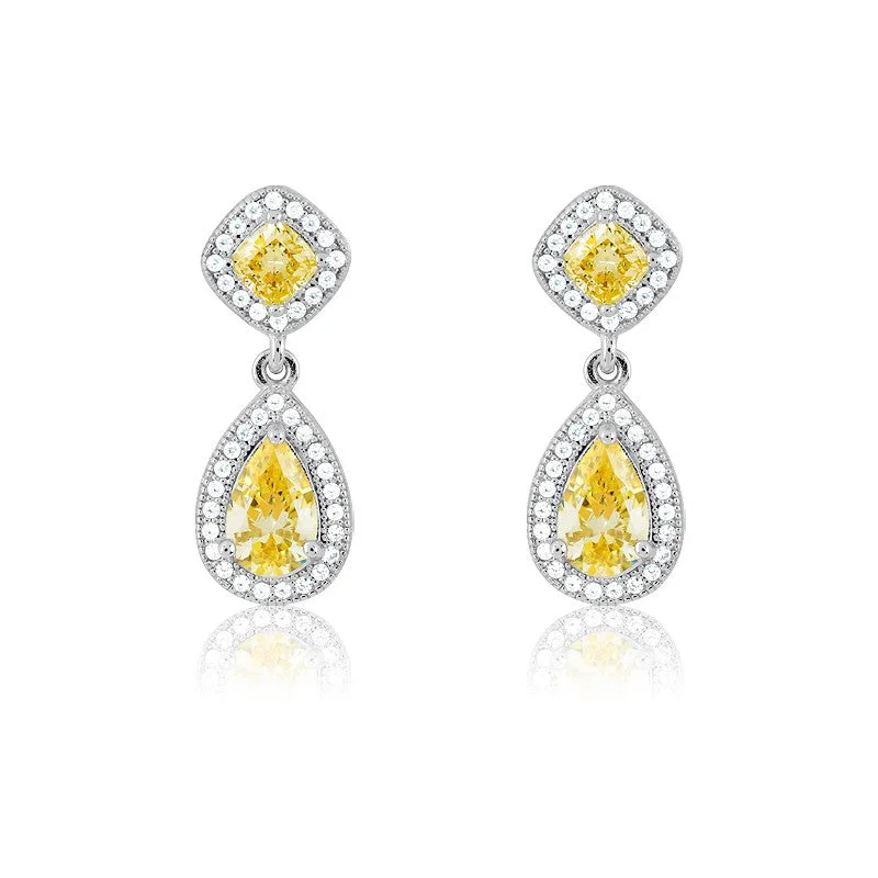 adaptable silver earrings-Sterling Silver Micro Pave Teardrop With Yellow CZ Center and Sqaure on Top Earrings (80 stones)