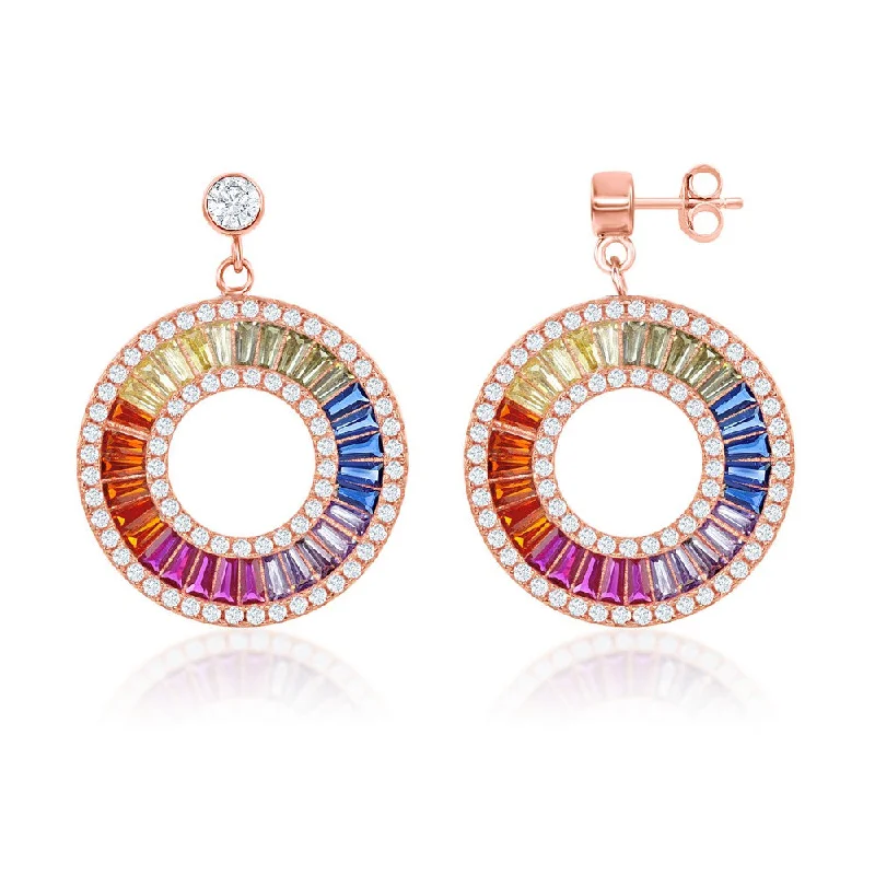 aquamarine chandelier earrings-Sterling Silver Rainbow Baguette CZ Open Circle Earrings - Rose Gold Plated