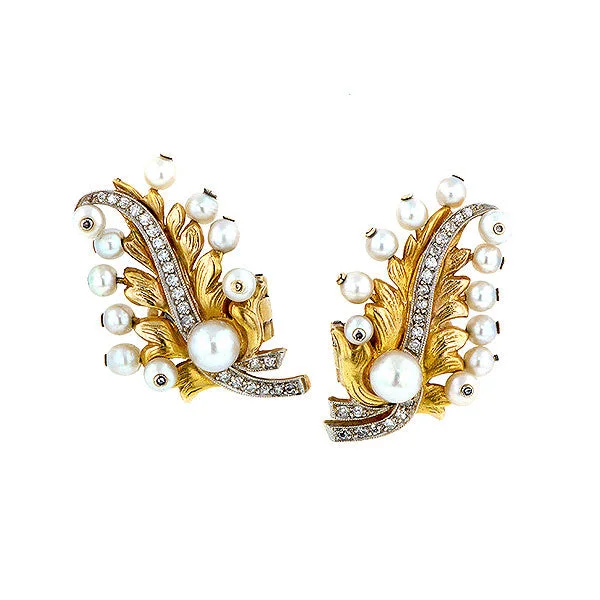 ripple gemstone earrings-Vintage Pearl* & Diamond Feather Earrings